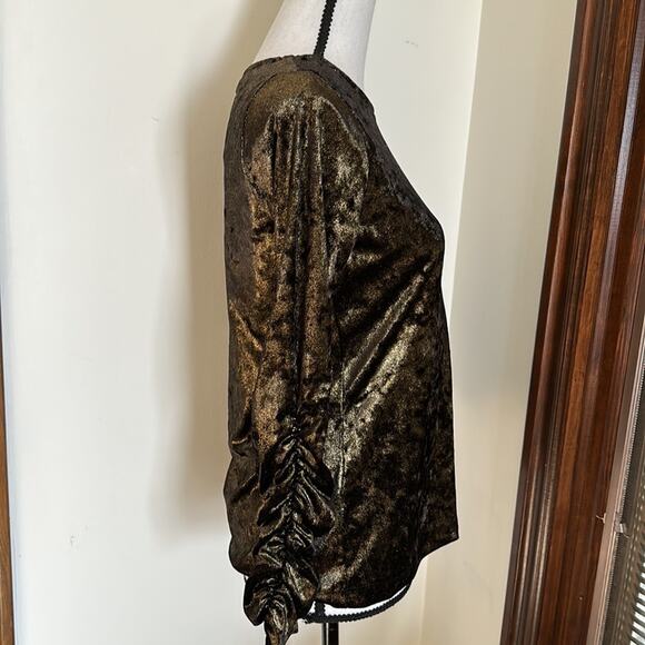 Vince Camuto | Ruched Sleeve Black and Gold Metallic Top Size S - Picture 5 of 10
